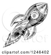 Clipart Of A Black And White Flying Rocket Royalty Free Vector Illustration