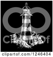 Clipart Of An Engraved Lighthouse On Black Royalty Free Vector Illustration by AtStockIllustration