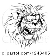 Clipart Of A Black And White Roaring Aggressive Lion Mascot Head Royalty Free Vector Illustration