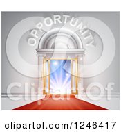 Clipart Of OPPORTUNITY Over Open Doors With Light And A Red Carpet Royalty Free Vector Illustration by AtStockIllustration