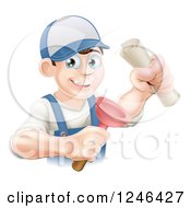 Poster, Art Print Of Brunette Male Plumber Holding A Certificate And Plunger