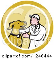 Poster, Art Print Of Retro Cartoon Male Veterinarian Kneeling And Looking At A Dog In A Circle
