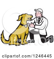 Poster, Art Print Of Retro Cartoon Male Veterinarian Kneeling And Looking At A Dog