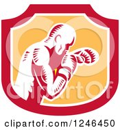 Clipart Of A Retro Woodcut Male Boxer Punching In A Shield Royalty Free Vector Illustration