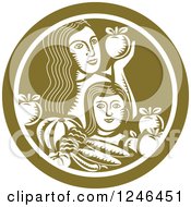 Poster, Art Print Of Retro Woodcut Mother And Child With Produce In A Green Circle