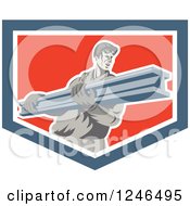 Retro Male Construction Worker Carrying A Beam In A Shield