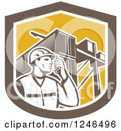 Poster, Art Print Of Retor Male Dock Worker With Shipping Containers In A Shield