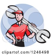 Poster, Art Print Of Cartoon Male Mechanic With A Giant Spanner Wrench In A Blue Circle