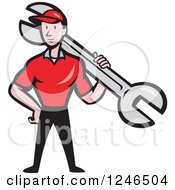 Poster, Art Print Of Cartoon Male Mechanic With A Giant Spanner Wrench