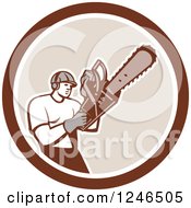 Retro Male Arborist Operating A Chainsaw In A Circle