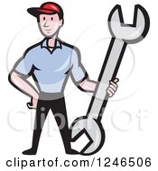 Poster, Art Print Of Cartoon Male Mechanic Standing With A Giant Spanner Wrench