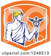 Clipart Of A Retro Roman God Mercury With A Caduceus In An Orange Shield Royalty Free Vector Illustration