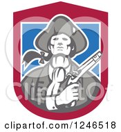 Clipart Of A Retro Minuteman Patriot With A Flintlock Pistol Over A Shield Royalty Free Vector Illustration