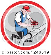 Cartoon Male Plumber Turning On A Pipe In A Circle
