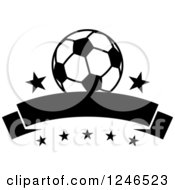Clipart Of A Black And White Soccer Ball Over A Banner And Stars Royalty Free Vector Illustration by Vector Tradition SM