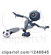 Clipart Of A 3d Blue Android Robot Playing Soccer 2 Royalty Free Illustration