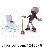 Poster, Art Print Of 3d Red Android Robot By A Plunger And Toilet