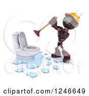 Poster, Art Print Of 3d Red Android Robot Plumber Plunging A Toilet