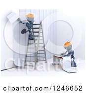 3d Blue Construction Android Robots Applying Wallpaper