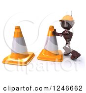 Poster, Art Print Of 3d Red Road Construction Worker Android Robot Moving Cones