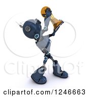Poster, Art Print Of 3d Blue Android Robot Holding Up A Soccer Championship Trophy 3
