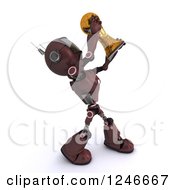 Poster, Art Print Of 3d Red Android Robot Holding Up A Soccer Championship Trophy 3