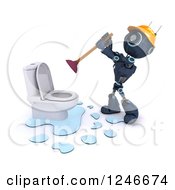 Poster, Art Print Of 3d Blue Android Robot Plumber Plunging A Toilet