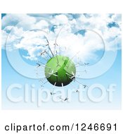 3d Green Planet With Wind Turbines Over Blue Sky With Clouds