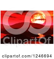 Clipart Of A 3d Planet Landscape With A Fiery Sun And Lakes Royalty Free Illustration