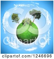 3d Grassy Planet With A Shrub And Trees Encircled By Clouds