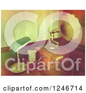 Clipart Of A Vintage Texture Over A Gramophone And Desk Lamp Royalty Free Illustration