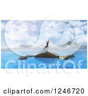 Poster, Art Print Of 3d Woman Doing Yoga On Rocks In The Ocean With Mountains In The Distance