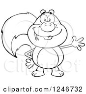 Clipart Of A Black And White Friendly Squirrel Waving Royalty Free Vector Illustration