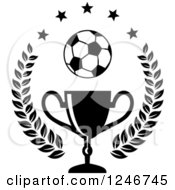Poster, Art Print Of Black And White Soccer Ball Over A Trophy Cup With Stars And A Laurel