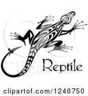 Clipart Of A Black And White Tribal Lizard With Reptile Text Royalty Free Vector Illustration