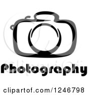 Clipart Of A Black And White Camera With Photography Text Royalty Free Vector Illustration