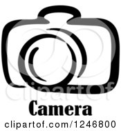 Clipart Of A Black And White Camera With Text Royalty Free Vector Illustration