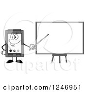 Clipart Of A Grayscale Ink Cartridge Character Mascot Presenting A Board Royalty Free Vector Illustration by Hit Toon