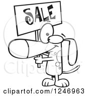 Clipart Of A Black And White Cartoon Dog Holding Up A Sale Sign Royalty Free Vector Illustration by toonaday