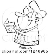 Clipart Of A Black And White Touched Granny Crying While Readig A Greeting Card Royalty Free Vector Illustration