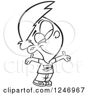 Clipart Of A Black And White Cartoon Happy Boy Holding His Arms Out For A Hug Royalty Free Vector Illustration