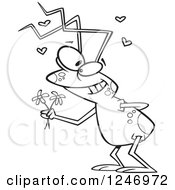 Clipart Of A Black And White Romantic Bug Holding Out Flowers Royalty Free Vector Illustration