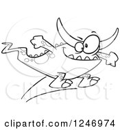 Clipart Of A Black And White Cartoon Horned Monster Jumping Royalty Free Vector Illustration