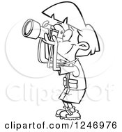 Clipart Of A Black And White Cartoon Happy Woman Taking Pictures Royalty Free Vector Illustration