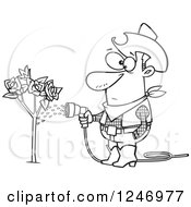 Clipart Of A Black And White Cowboy Man Watering A Rose Bush Royalty Free Vector Illustration