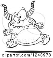 Clipart Of A Black And White Happy Horned Monster Running Royalty Free Vector Illustration