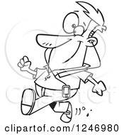 Clipart Of A Black And White Cartoon Happy Man Strolling And Listening To Music Royalty Free Vector Illustration