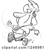Clipart Of A Black And White Cartoon Happy Man Strolling In The Summer And Listening To Music Royalty Free Vector Illustration
