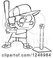 Clipart Of A Black And White Cartoon Focused Boy Batting A Tee Ball Royalty Free Vector Illustration