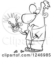 Clipart Of A Black And White Cartoon Man Pondering On How To Repair A Thingee Royalty Free Vector Illustration